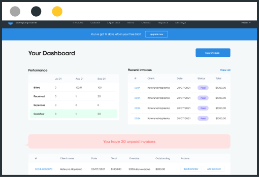 InvoiceBerry Dashboard view with unpaid invoices highlighted